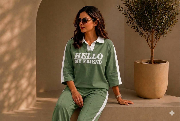 ست راحتی زنانه بیرون پوش Hello My Friend سبز با نوار سفید اسپرت