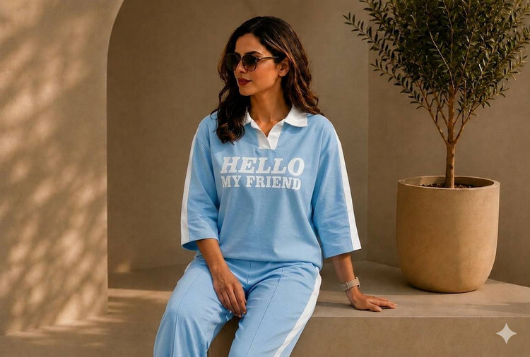 ست راحتی زنانه بیرون پوش Hello My Friend آبی با نوار سفید اسپرت
